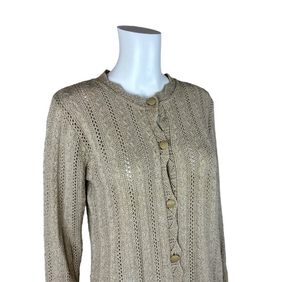 Vintage 80s Tan Cardigan Women's Medium Cable Knit Granny Sweater - Picture 4 of 10